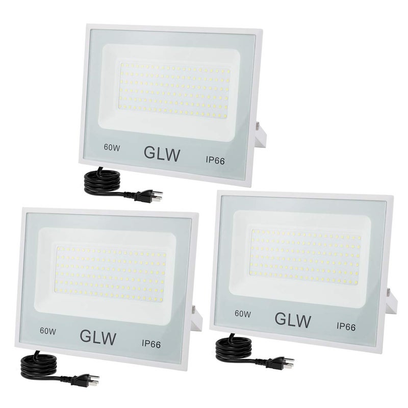 GLW LED Flood Lights 60W 3 Pack, 6000lm Super Bright Floodlight IP66 Waterproof Outdoor Security Work Light with Plug, 6000K Daylight White Light for Garden Backyard Playground Yard Garage - Image 1